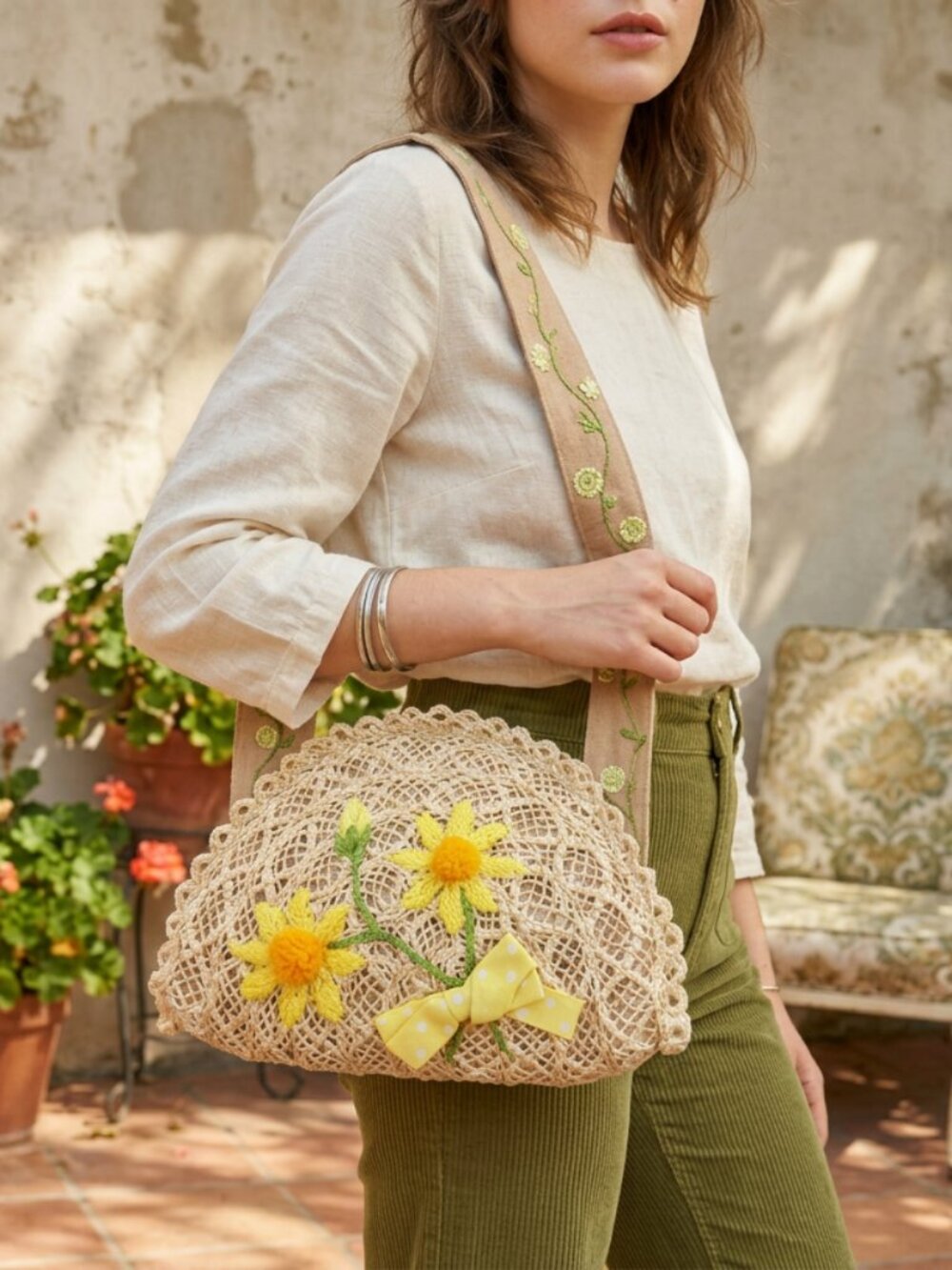 Vtg Sisal Straw Cottagecore Sunny Yellow Flower Bag